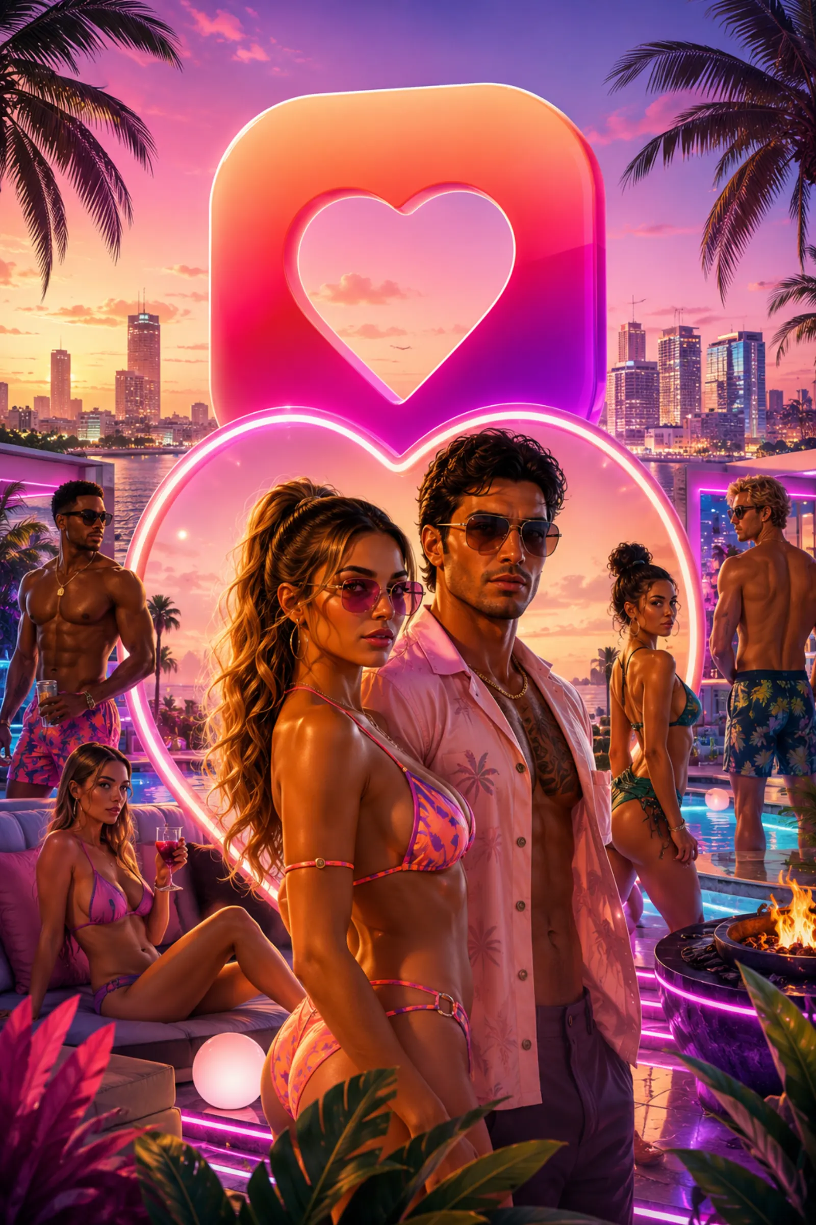 GTA6 Love Island couple standing under a neon heart in Vice City at sunset